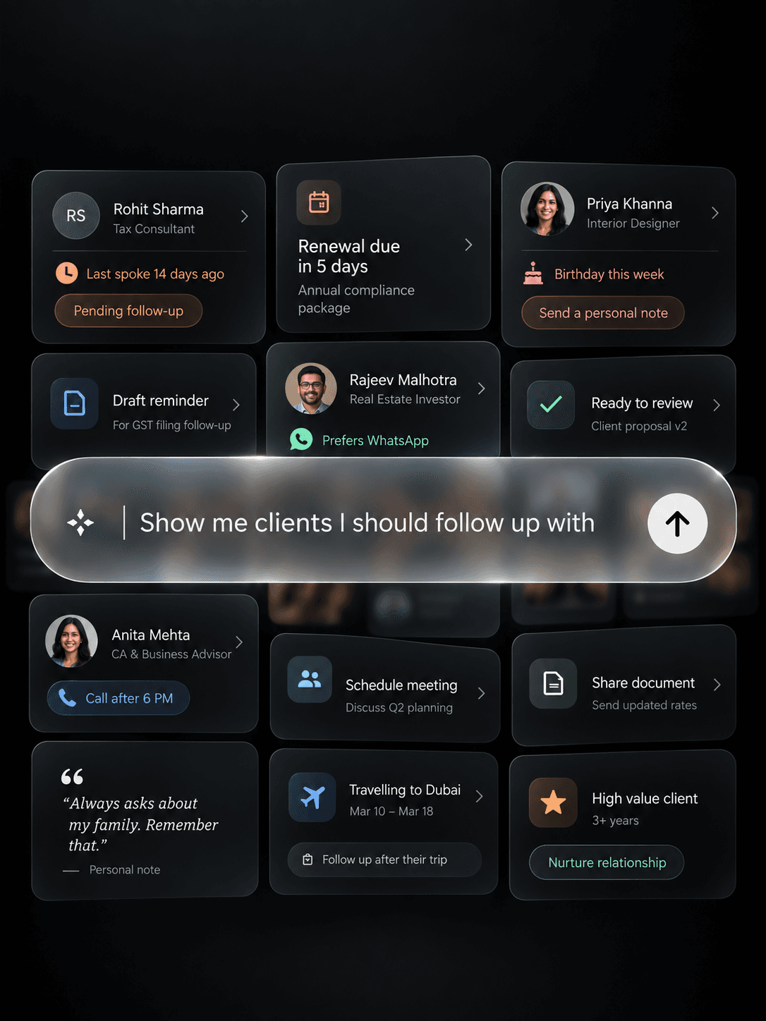 A dashboard of clients sorted by birthdays, renewals, and who has gone quiet