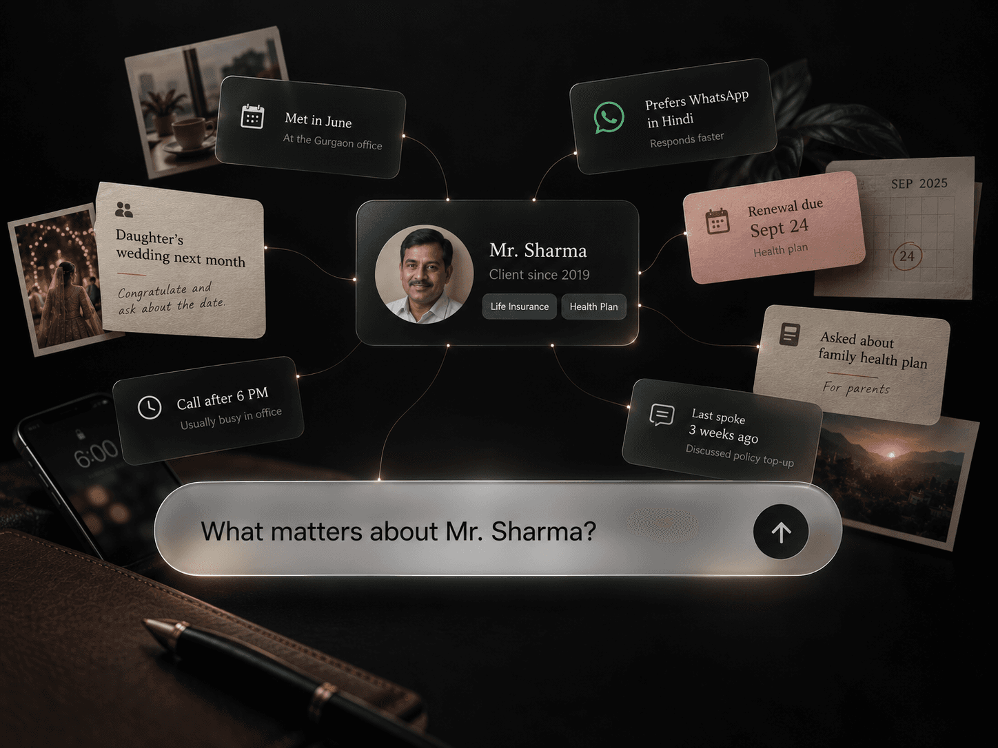 A client card for Mr. Sharma surrounded by everything remembered about him