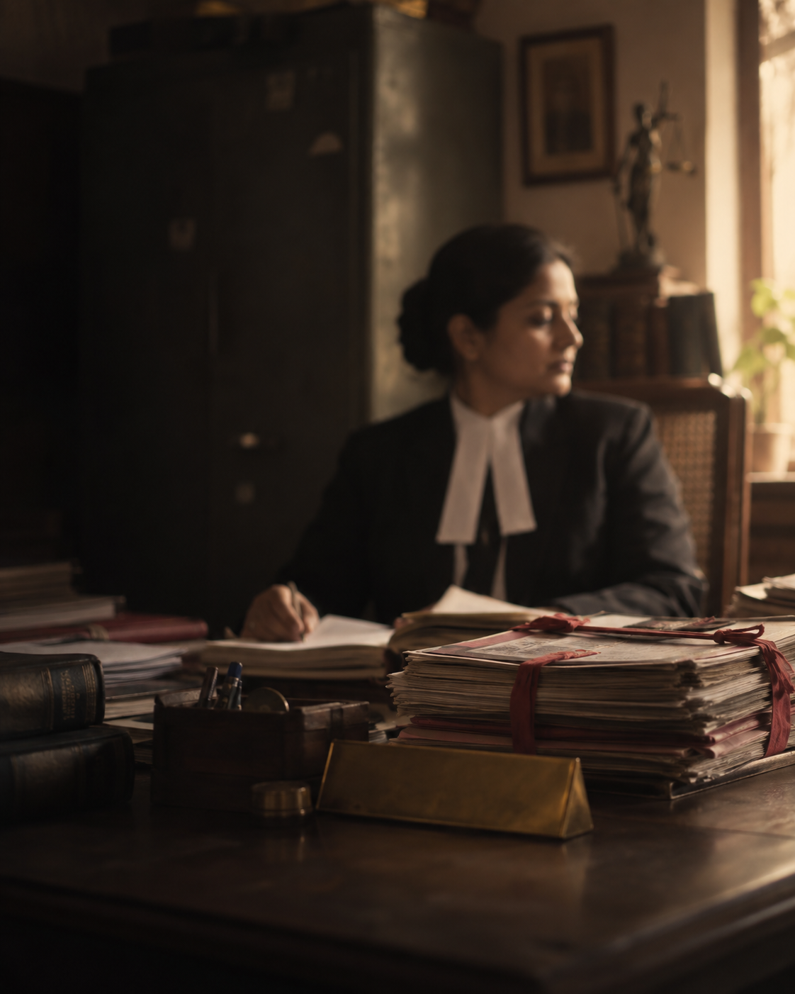 An advocate at her chamber desk with case files