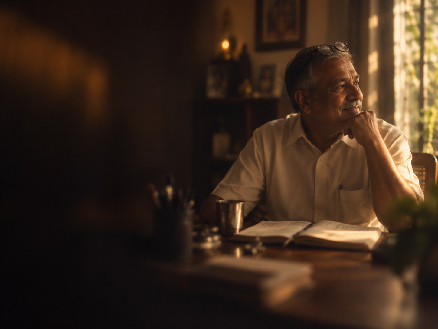 An insurance agent at his desk in the morning with tea and his phone