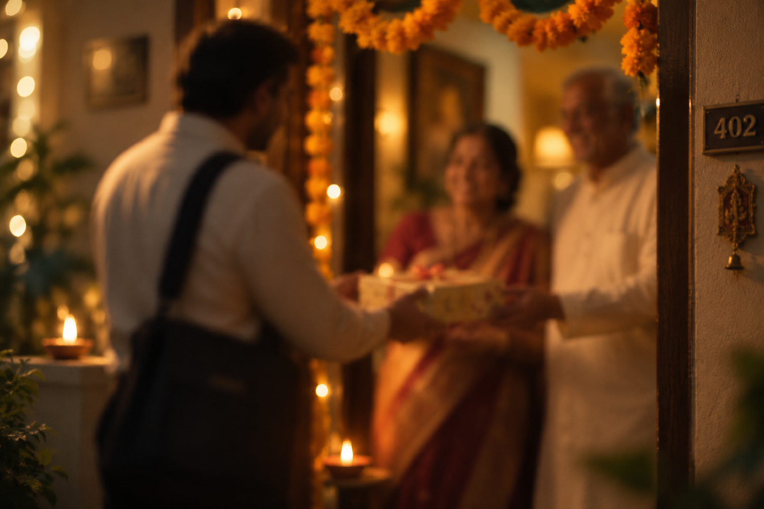 An agent handing sweets to an elderly couple at their door during Diwali