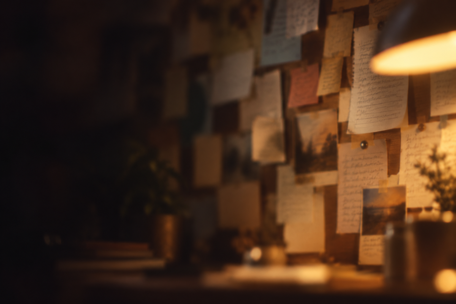 A wall of handwritten notes above a desk, out of focus
