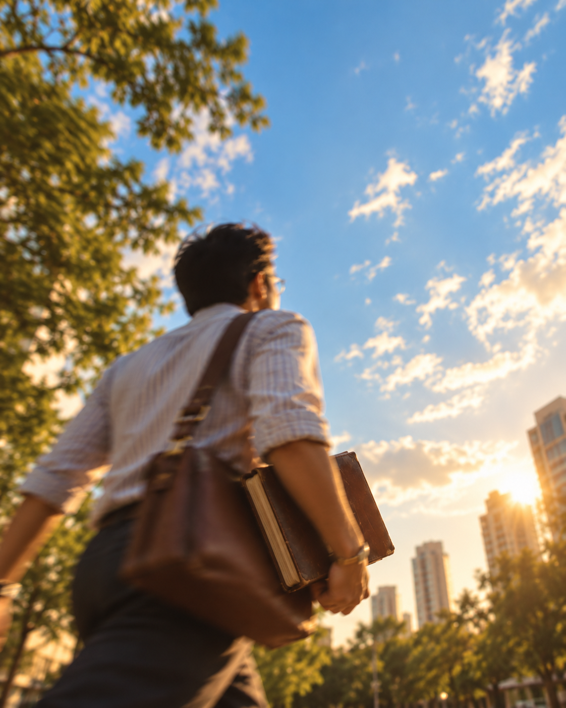 An insurance agent walking toward the city at golden hour, carrying the books that hold his clients