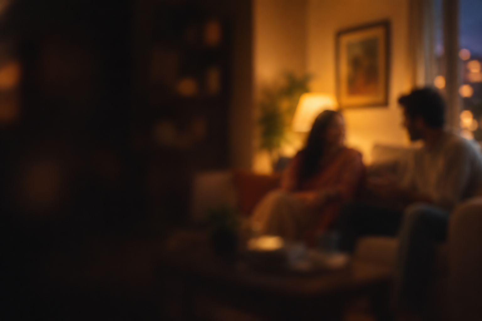 A family at home in the evening, softly out of focus